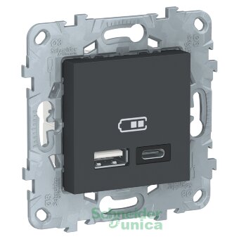 NU501854 - UNICA NEW РОЗЕТКА USB, 2-местная, тип А+С, 5 В / 2400 мА, АНТРАЦИТ