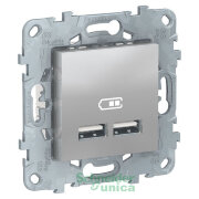 NU541830 - UNICA NEW розетка USB, 2-местная, тип А+А, 5 В / 2100 мА, алюминий